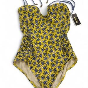 NWT Juicy Couture Maillot Yellow Bluebirds and Hearts Swimsuit sz L